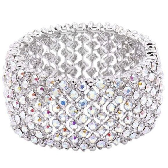 Silver and Iridescent AB Austrian Crystal Tennis Stretchable Bracelet Bangle - Picture 1 of 5